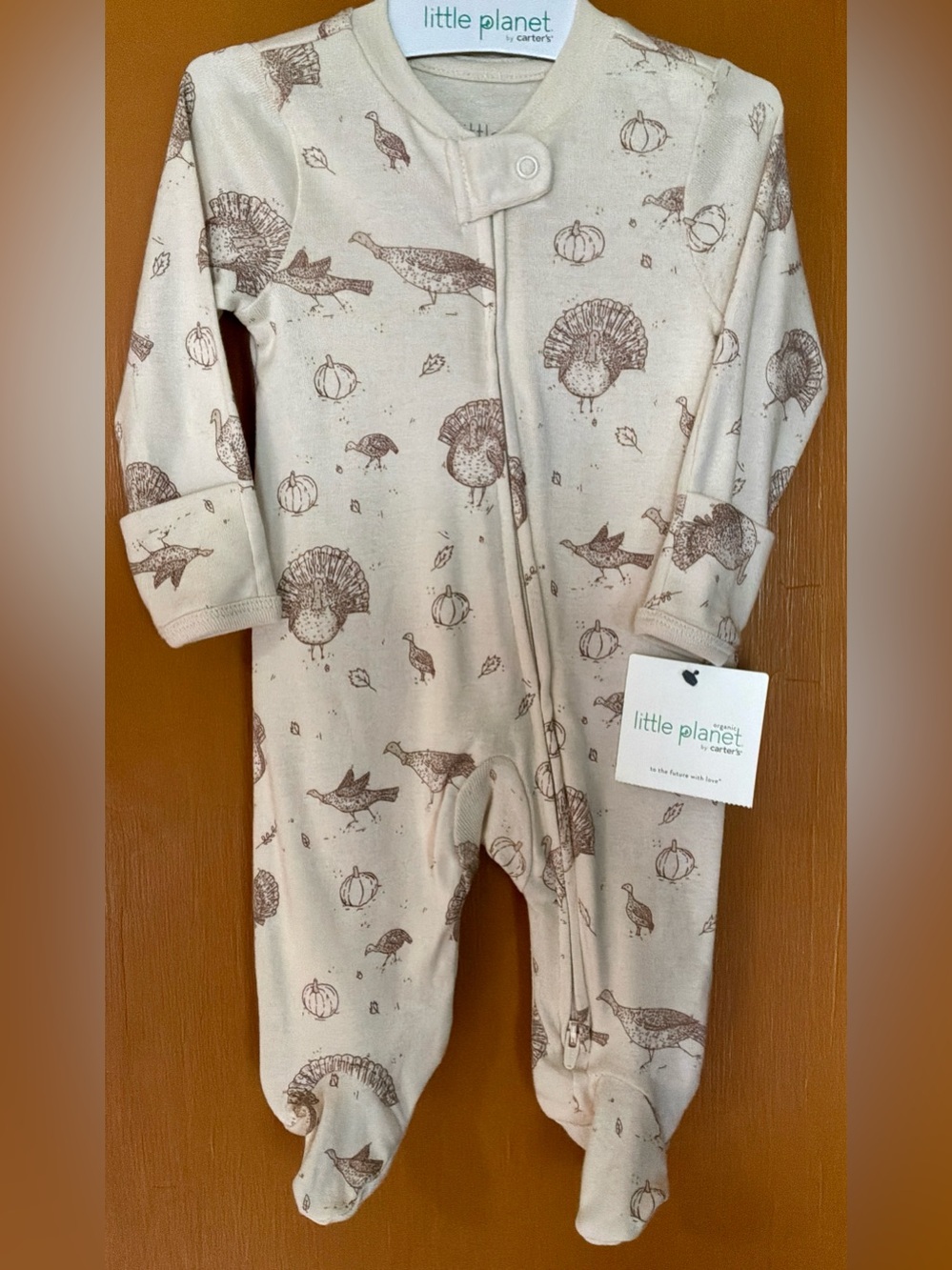 Cream Turkey Print Baby One-Piece Sleeper, 3 mo. NWT